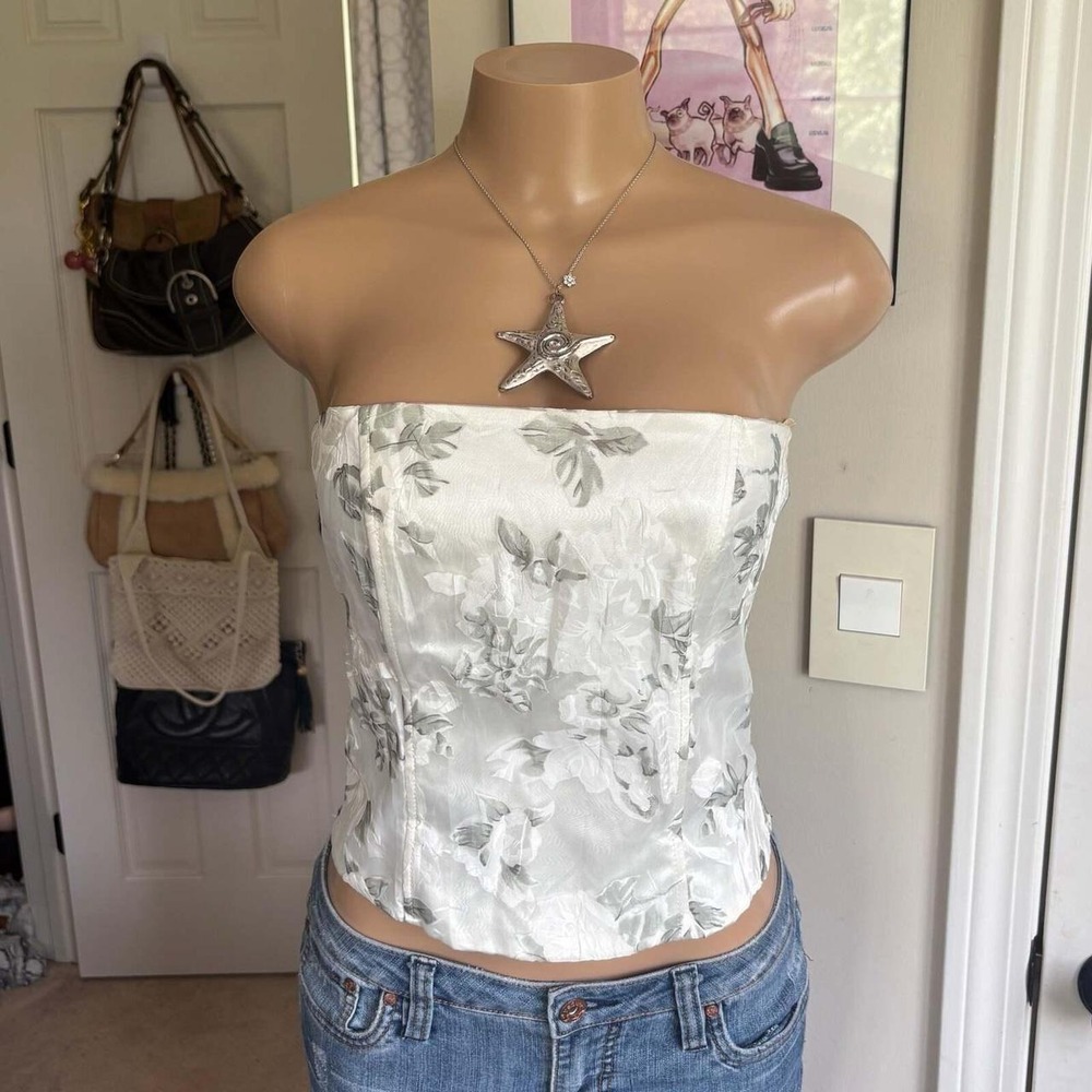 00s white floral strapless corset top (size S/M)